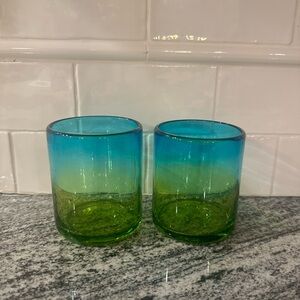 SET OF 2 NOVICA HAND BLOWN RECYCLED GLASS ROCKS GLASSES BLUE GREEN OMBRÉ